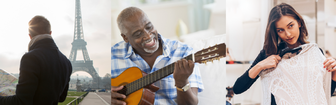 UChooseRewards header: Guy staring at the Eiffel tower, guy playing a guitar, and a woman shopping